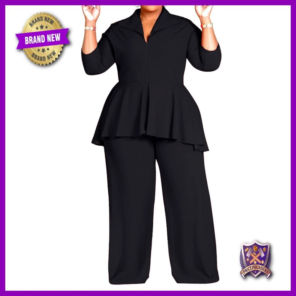 Plus Size Two Piece Set Long Sleeve Zip Up Peplum Jacket Wide Leg Pant Suit